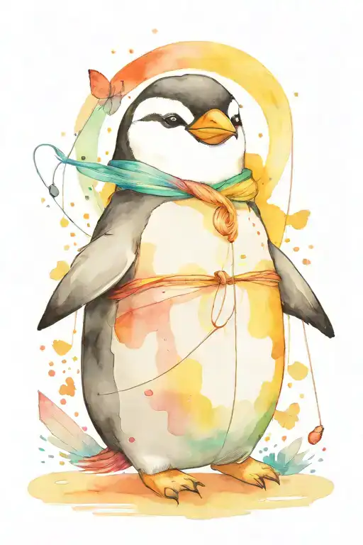 chubby penguin holding a string connected to a  butter fly flying with rainbow colors around both tattoo design idea