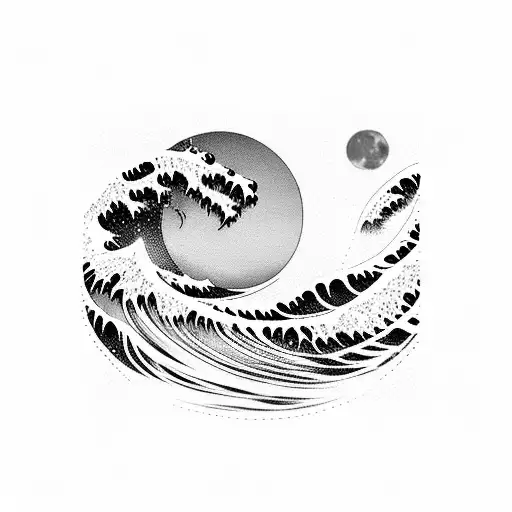 Japanese wave crashing against a full moon tattoo design idea