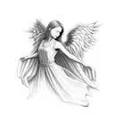angel portrait surrounded by the names Joyce, Adriann, and luv shaded with clouds saying "forever in my heart" tattoo design idea