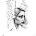 angel portrait surrounded by the names Joyce, Adriann, and luv shaded with clouds saying "forever in my heart" tattoo design idea
