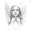 angel portrait surrounded by the names Joyce, Adriann, and luv shaded with clouds saying "forever in my heart" tattoo design idea