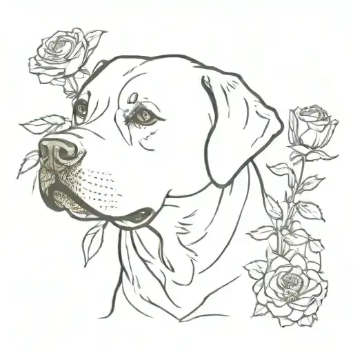 Labrador with in his mouth a rose, aster and cosmea tattoo design idea
