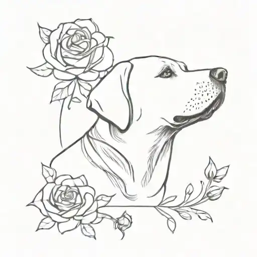Labrador with a rose, aster and cosmea in his mouth tattoo design idea