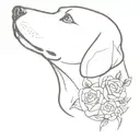 Labrador with bouquet of a rose, aster and cosmea in his mouth tattoo design idea
