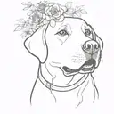 Labrador with bouquet of a rose, aster and cosmea in his mouth tattoo design idea