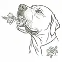 Labrador with bouquet of a rose, aster and cosmea in his mouth tattoo design idea