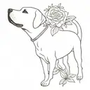 Labrador with bouquet of a rose, aster and cosmea in his mouth tattoo design idea