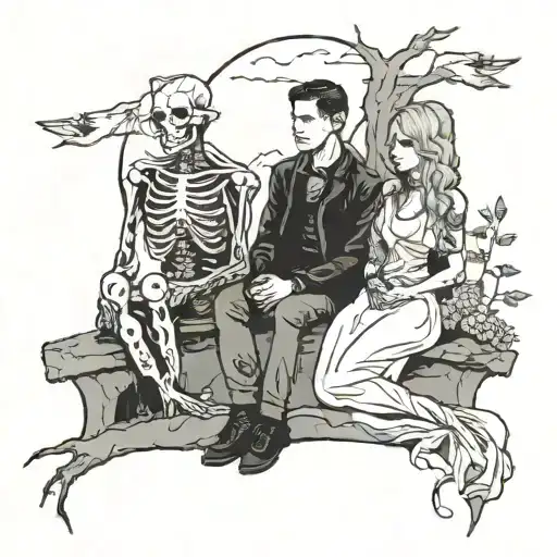 four people sitting in a graveyard  tattoo design idea