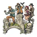 four people parkouring through a graveyard tattoo design idea