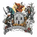 four people parkouring through a graveyard tattoo design idea