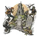 four people parkouring through a graveyard tattoo design idea