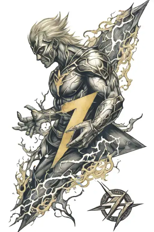 the number 7 represented as a lightning bolt sent by raiden and zeus the gods of lightning during a fight tattoo design idea