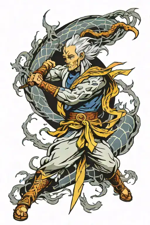 the number 7 represented as a lightning bolt surrounded by raiden and zeus the gods of lightning during a fight tattoo design idea