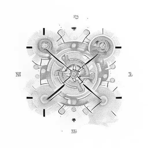 An abstract representation of a project manager's ability to navigate through challenges, featuring interconnected gears and symbols of strength tattoo design idea