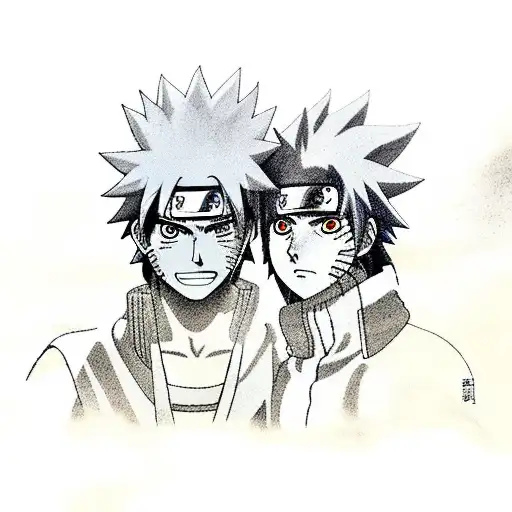  the intense rivalry between Naruto and Sasuke, with their faces in close-up and emotions vividly portrayed. tattoo design idea