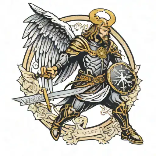 warrior angel with sword and shield of st james hetfield solid black tattoo design idea