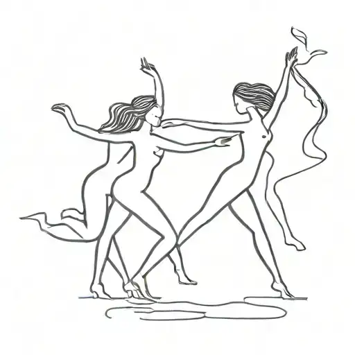 a black and white stilloueete of 4 stick figure girls who are dancing together and one is tall and another is mid height tattoo design idea