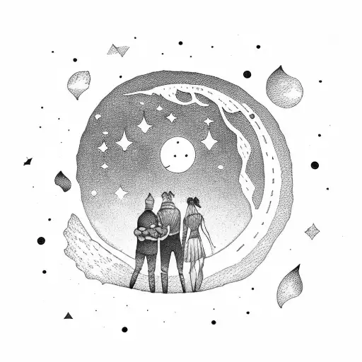 Full moon over a forest in a sky of stars with a man and woman looking up at it tattoo design idea