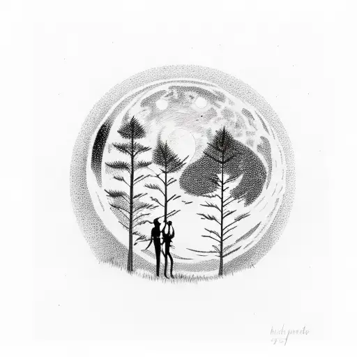 Full moon over a forest in a sky of stars with a man and woman looking up at it tattoo design idea