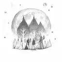 Full moon over a forest in a sky of stars with a man and woman looking up at it tattoo design idea