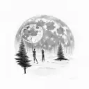 Full moon over a forest in a sky of stars with a man and woman looking up at it tattoo design idea