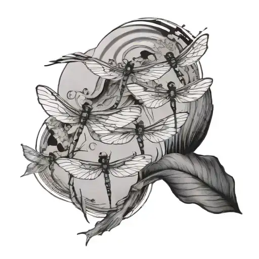 A minimalist tattoo design of four dragonflies in a row, each with a different element representing your boys, with a river in the background tattoo design idea