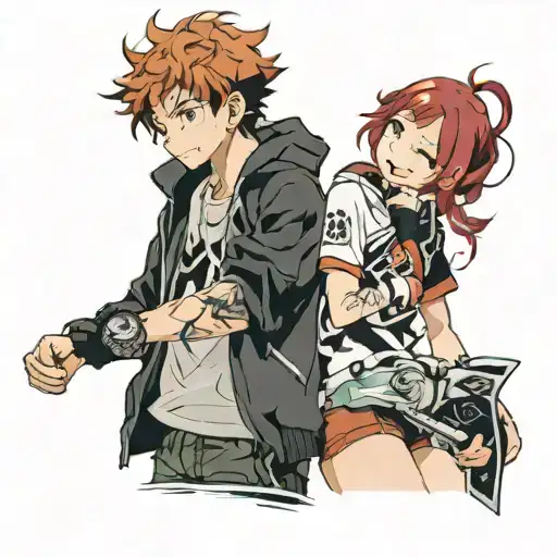 black curly hair boy next to short red haired girl haikyu tattoo design idea