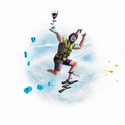 An adrenaline junkie jumping off a cliff with a wine glass in hand tattoo design idea