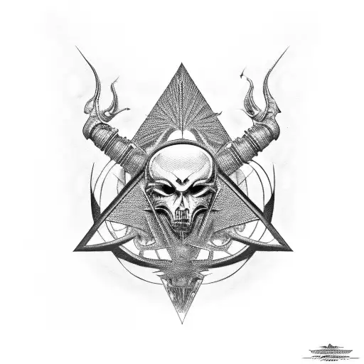 An Illuminati symbol morphing into a toxic woman with biomechanical elements, all in black and red tattoo design idea