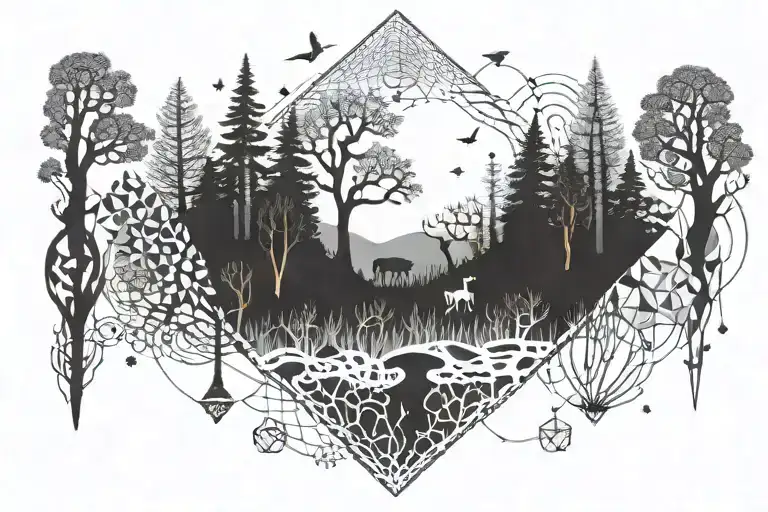 A mystical forest with hidden creatures inspired by fantasy books tattoo design idea
