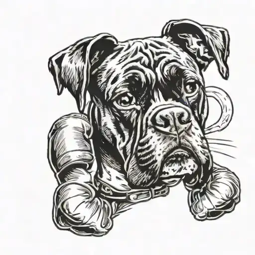 black and white boxer dog with boxing gloves on his front paws tattoo design idea