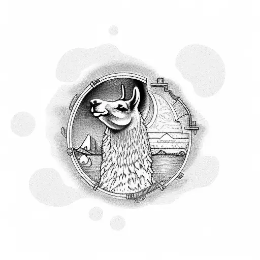 A plumber's tools arranged in the shape of a pottery wheel with a llama and beach scene in the background tattoo design idea