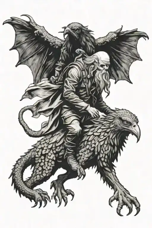 cthulhu walking with Raven on shoulders tattoo design idea