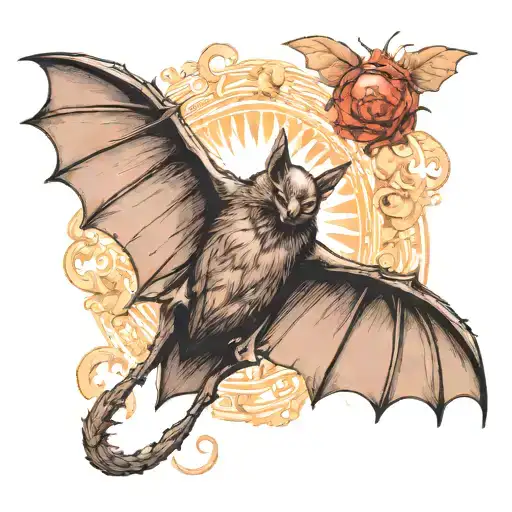  A fierce, highly detailed bat in mid-flight, wings spread wide. The bat should have   red color tattoo design idea