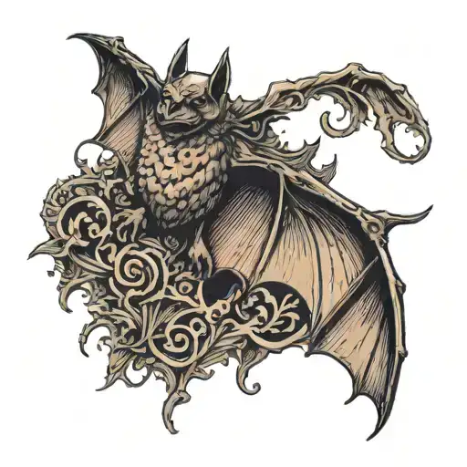  A fierce, highly detailed bat in mid-flight, wings spread wide. The bat should have exaggerated features — large, point tattoo design idea