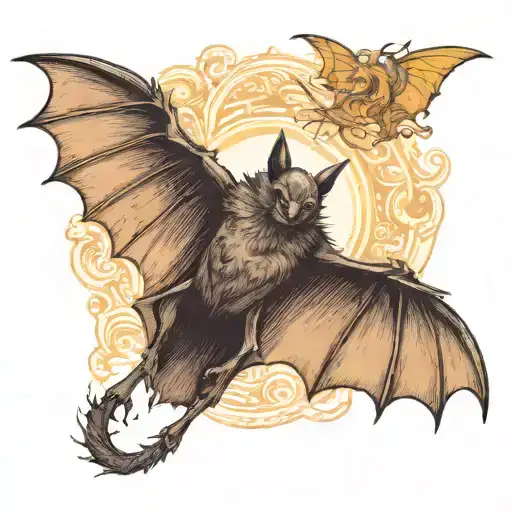  A fierce, highly detailed bat in mid-flight, wings spread wide. The bat should have   vibrant colors  tattoo design idea