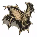  A fierce, highly detailed bat in mid-flight, wings spread wide. The bat should have exaggerated features — large, point tattoo design idea