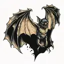  A fierce, highly detailed bat in mid-flight, wings spread wide. The bat should have exaggerated features — large, point tattoo design idea