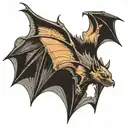  A fierce, highly detailed bat in mid-flight, wings spread wide. The bat should have exaggerated features — large, point tattoo design idea