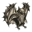  A fierce, highly detailed bat in mid-flight, wings spread wide. The bat should have exaggerated features — large, point tattoo design idea