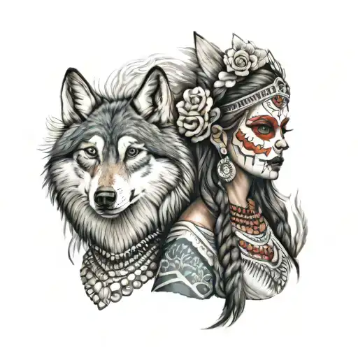 native american dia de los muertos bride in a traditional mexican dress with two wolves  tattoo design idea