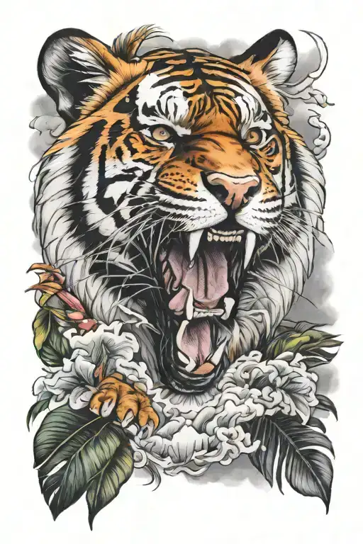 Tiger face and tropical storm clouds tattoo design idea