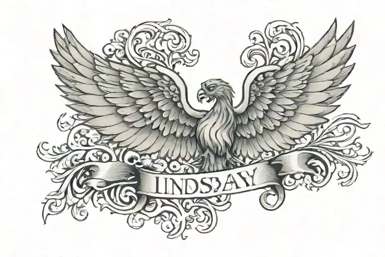 Name Lindsay on the chest with wing attached on the m. deltoideus tattoo design idea