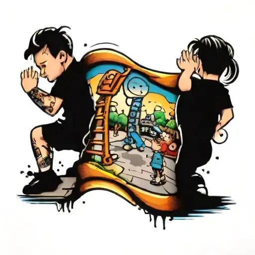 A whimsical and colorful tattoo of children playing in a playground, with a policeman keeping watch in the background tattoo design idea