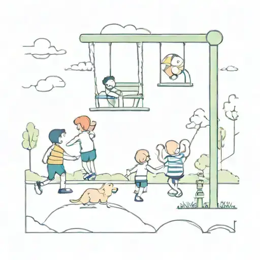 A whimsical and colorful tattoo of children playing in a playground, with a policeman keeping watch in the background tattoo design idea