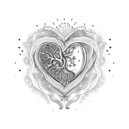 A blackwork tattoo of an anatomical heart surrounded by stars, symbolizing the love you have for your wife and daughters tattoo design idea
