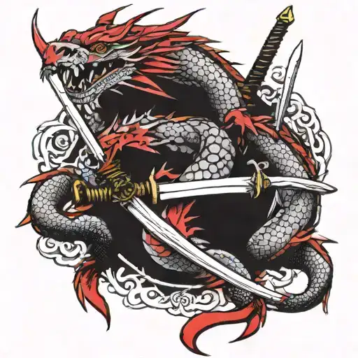 red dragon surrounded by two samurai swords tattoo design idea