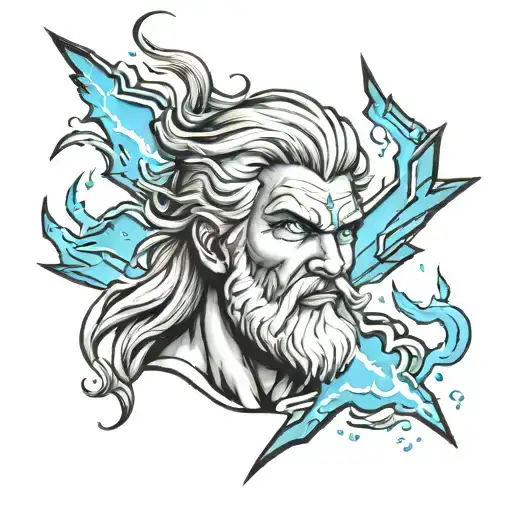 A black and gray tattoo traditional zeus with blue eyes holding a blue lightning bolt tattoo design idea