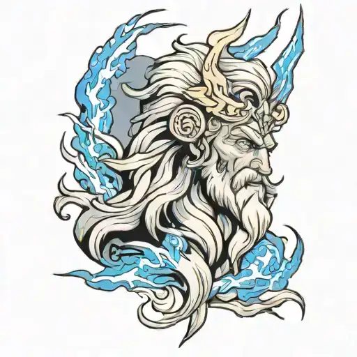 A black and gray tattoo traditional zeus with blue eyes holding a blue lightning bolt tattoo design idea