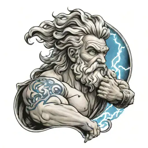 A black and gray tattoo traditional zeus with blue eyes holding a blue lightning bolt tattoo design idea